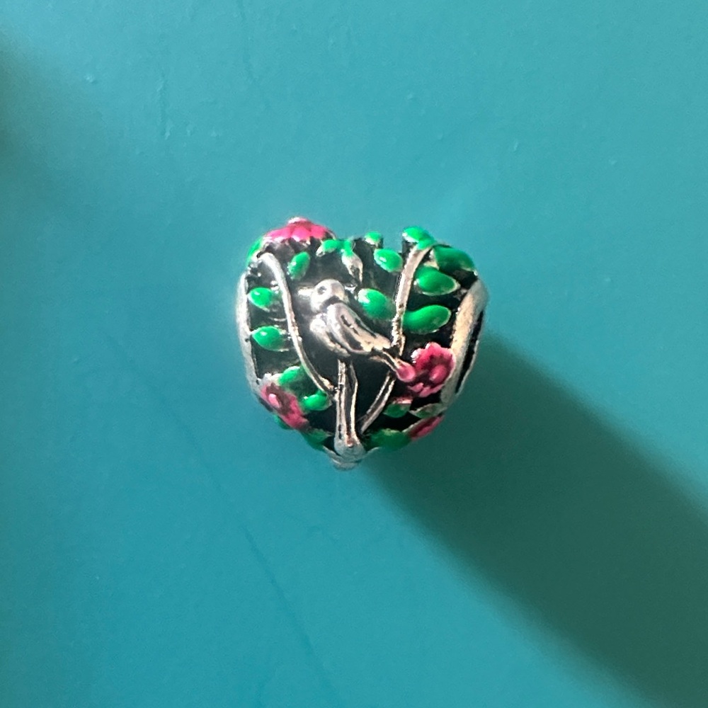 (5) Silver Heart & bird Charm with Green and Pink Accents